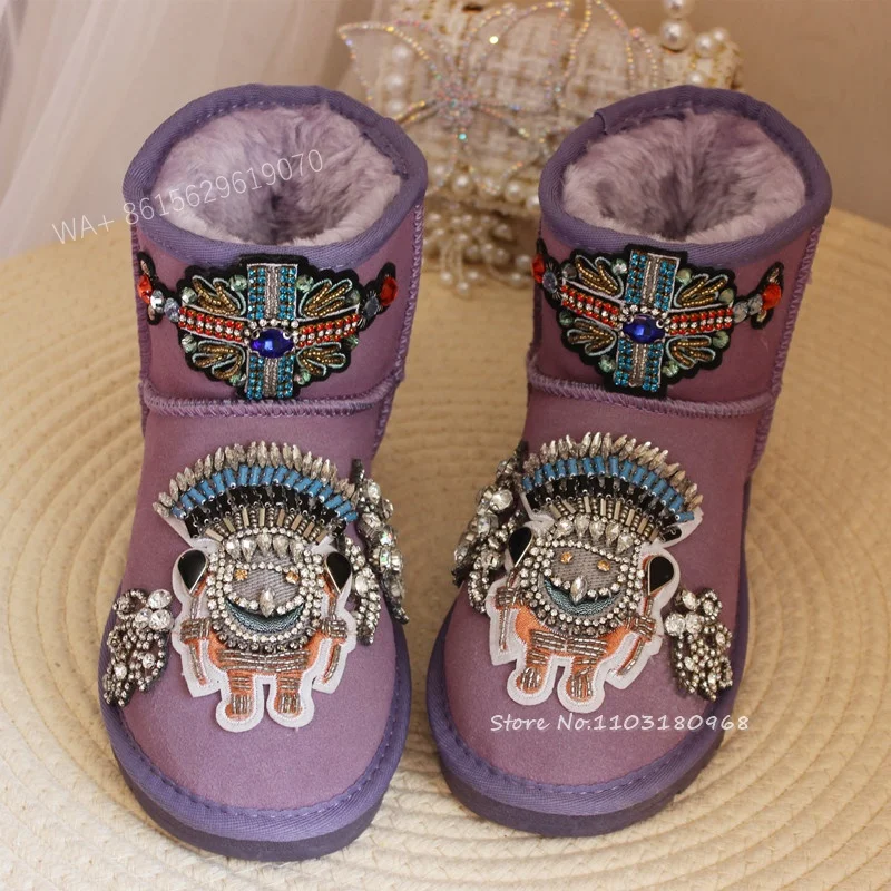 

Purple Snow Boots African Chief Full Diamonds Rhinestone Decor Short Boots Ladies Autumn Winter Warm Outside Slip On Flat Shoes