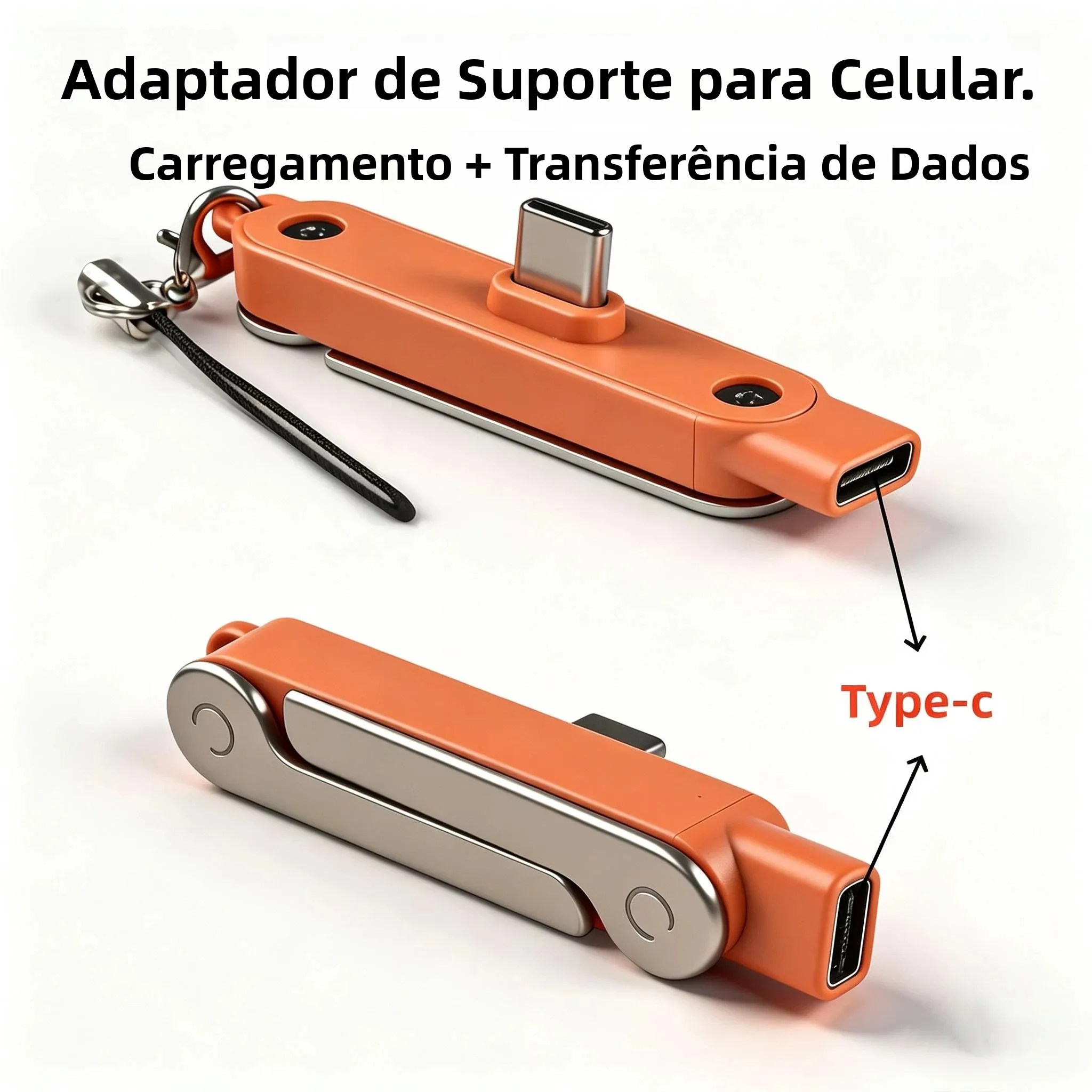 Adaptador de Carregamento Tipo C para Telefone 240W com Carregamento Rápido OTG, Conversor USB-C Masculino para USB-C Feminino com Suporte Dobrável