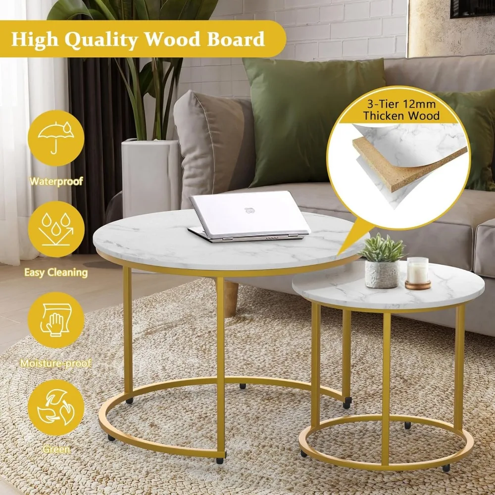 2-piece Nested Table Set, Living Room Circular Coffee Table with Golden Metal Frame, Marble Patterned Nested Table 4