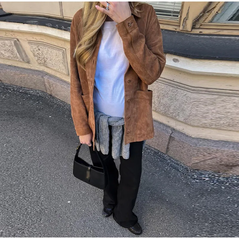 Casual Suede Long Sleeve Jackets Women Autumn Loose Brown Lapel Coat Top With Pockets Female Elegant Chic Street New in Outwear
