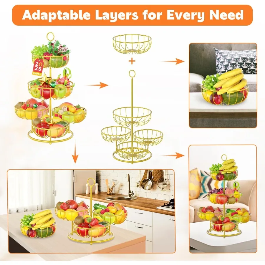 PouHenier.jh 5 Tier Fruit Basket Stand for Counter Kitchen Tall Tiered Fruit Bowl Organizer for Dining Table Countertop Multi L