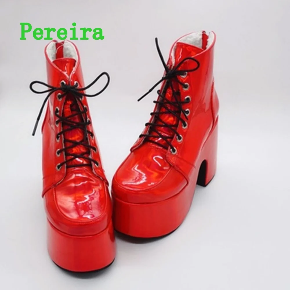 Shiny Purple Ankle Boots Women's 2024 New Arrival Platform Round Toe Chunky Heel Cross Straps Sexy Fashion Show Party Shoes