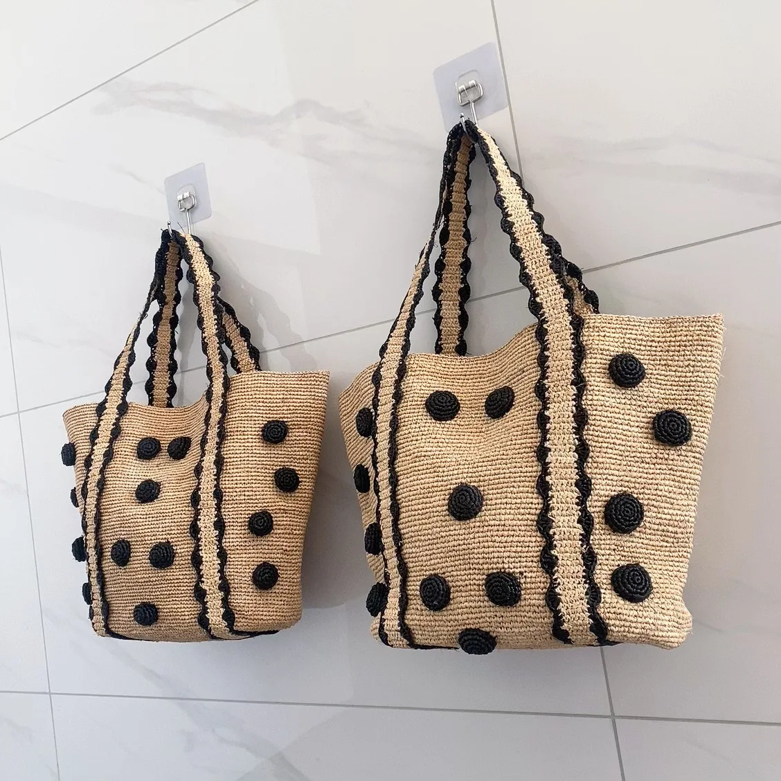 Summer Raffia Straw Bag Dot Woven Bucket Bags for Women Shoulder Bag Handmade Travel Beach Bags Handbags Shopper Tote Purse NEW