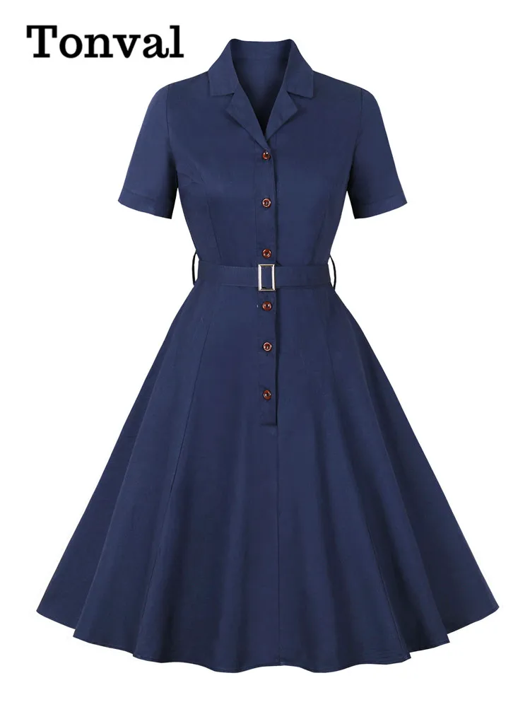 

Tonval Notched Collar Single Breasted Solid Color Vintage Dress Short Sleeve Belted Formal Elegant Women Cotton Dresses