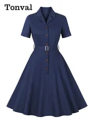 Tonval Notched Collar Single Breasted Solid Color Vintage Dress Short Sleeve Belted Formal Elegant Women Cotton Dresses