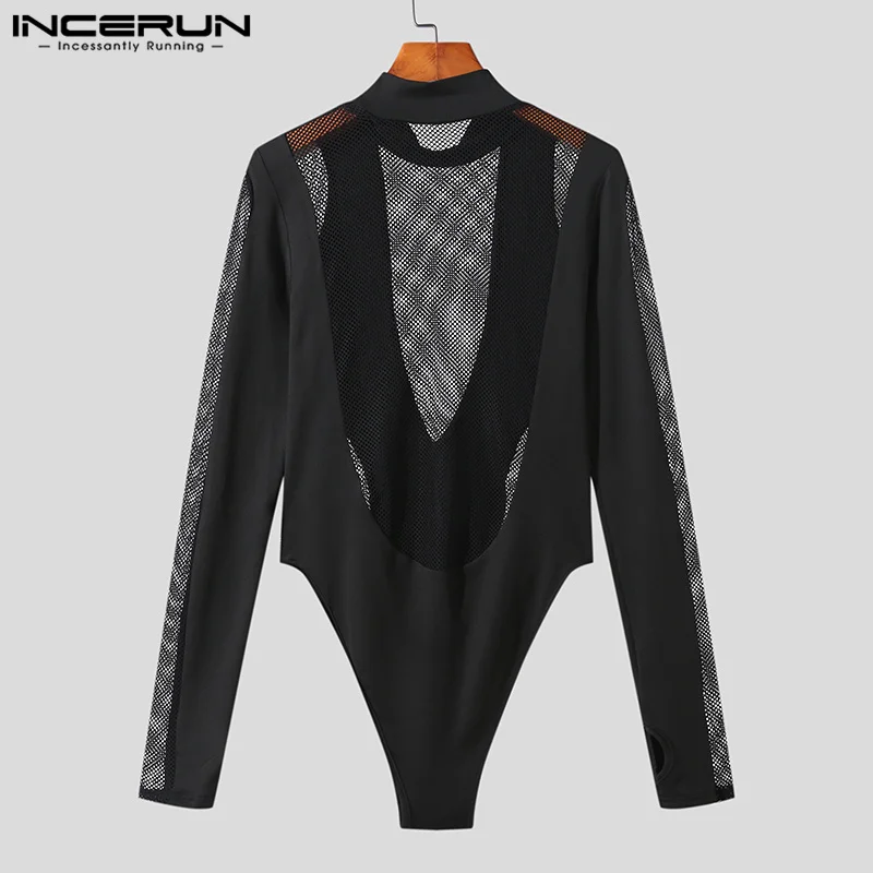 INCERUN Sexy Homewear Men Mesh Hollow Splice Bodysuits Casual Stylish Male Tight Elastic Sleeve Thimble Triangle Jumpsuits S-5XL