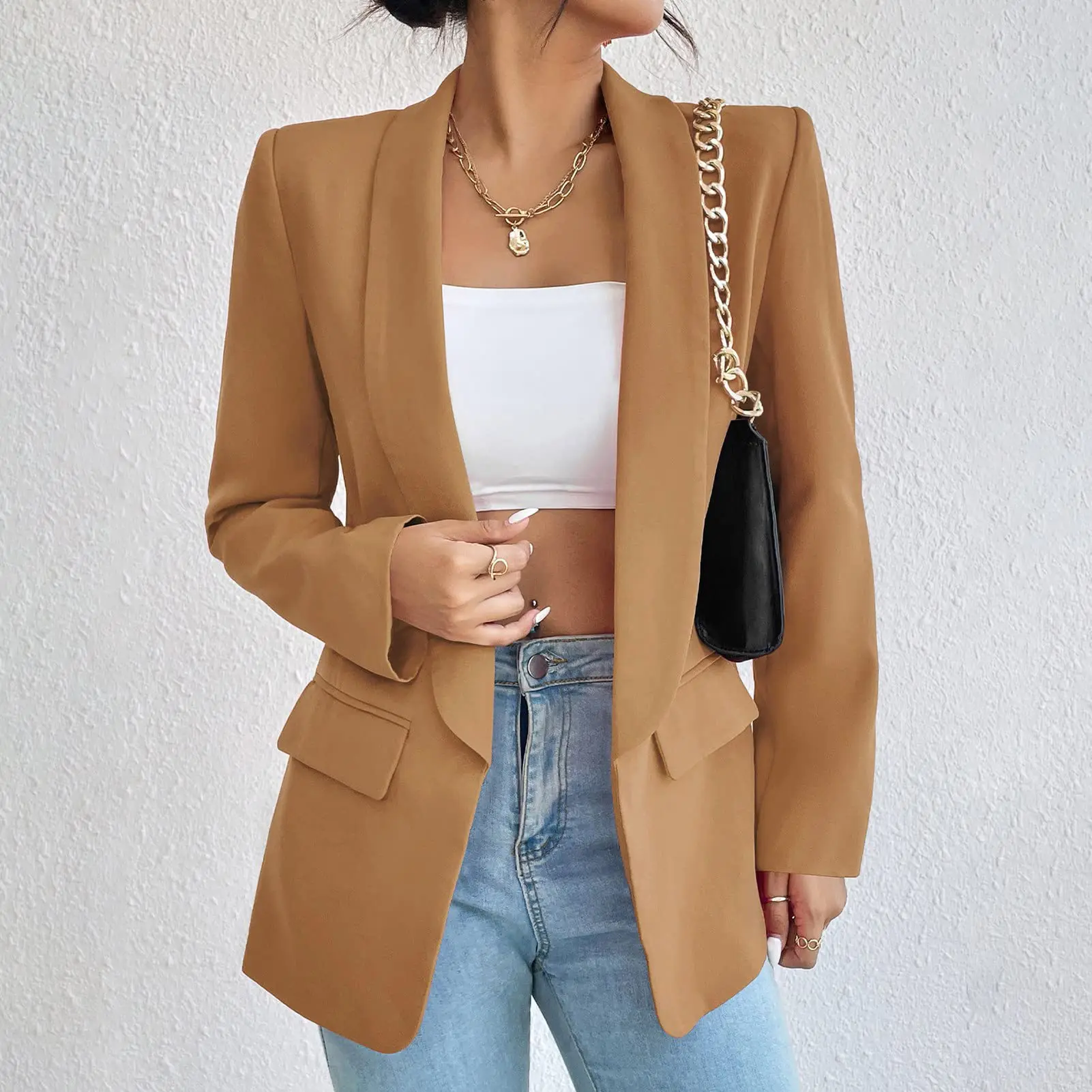 Womens Casual Business Blazers Shawl Collar Open Front Solid Color Long Sleeve Work Office Ladies Pockets Jackets пиджак женский 2023 spring solid women s suit jacket single breasted loose casual blazer office ladies female outwear business пиджак женский