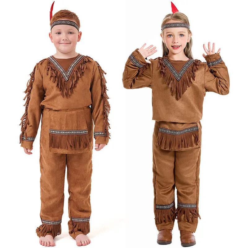 Child Native American Indian Costume Boys Top Pants Set 2-4Y 4-12Y kids cosplay costume