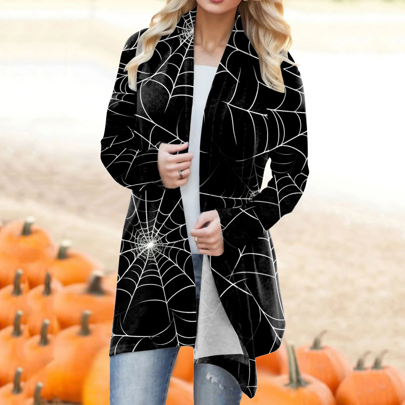 

Women Casual Halloween Cardigans Print Long Sleeve Open Front Sweaters Outwear Coat Blusas Harjauku Tunics Lapel Femme Blusas