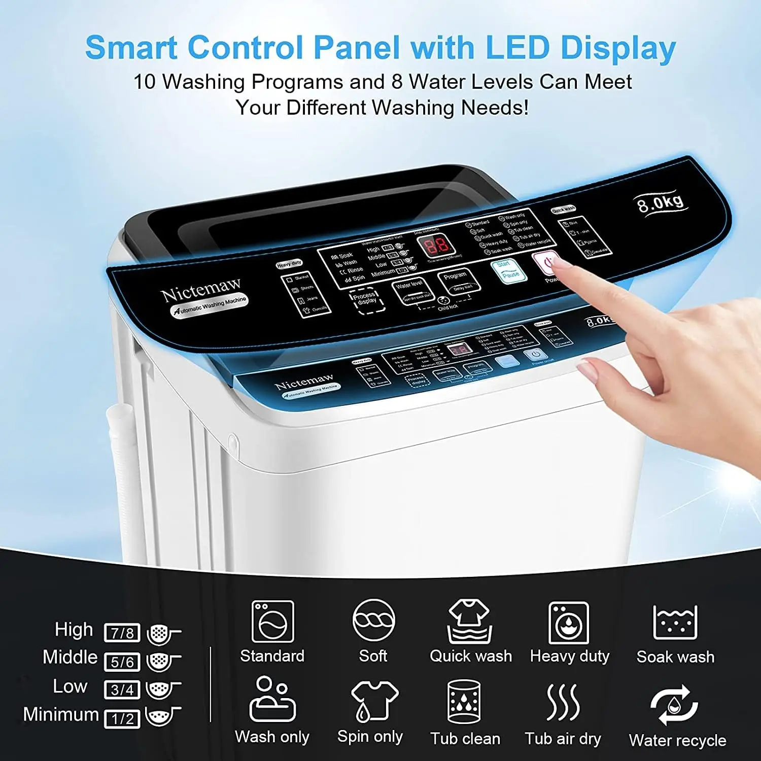 Portable Washing Machine, 17.8Lbs Capacity Full-Automatic Portable Washer, 2.4Cu.ft Washer and Dryer Combo with Drain Pump, 10 P 2