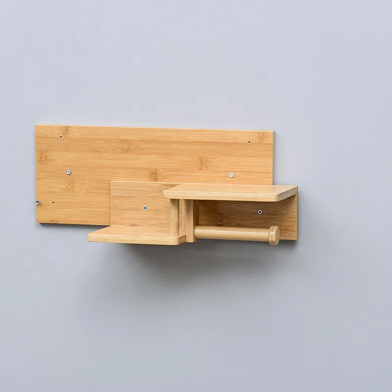 Bathroom Wall Mounted Easy Installation Wood Tissue Rolls Holder Bamboo Toilet Paper Holder with Shelf