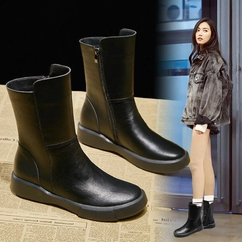 2022 Autumn Winter Motorcycle Boots Vintage PU Leather Flat Mid Calf Women Boots Female Cross Tied Fur Snow Fashion Boots 35-40