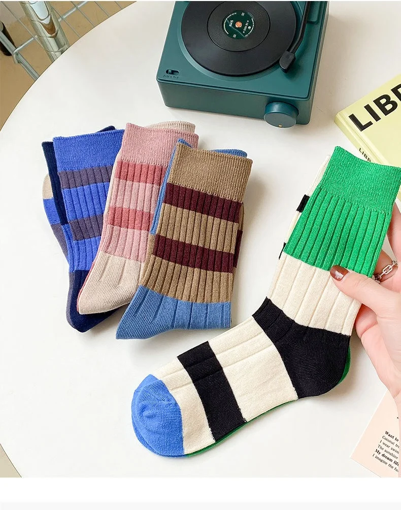 1/2/3/4 Paar Retro-Socken im koreanischen Stil für Damen, japanische Mode, AB-Socken, gemischte Farben, gestreift, Baumwolle, lässige Crew-Socken, EU 35–40 – Detail 6