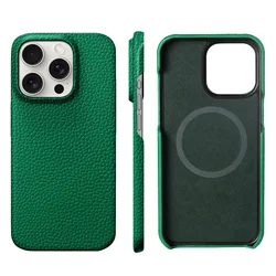Luxurious Natural Cowhide Lychee Leather Magnetic Phone Protector Case for iPhone 17 (Green)