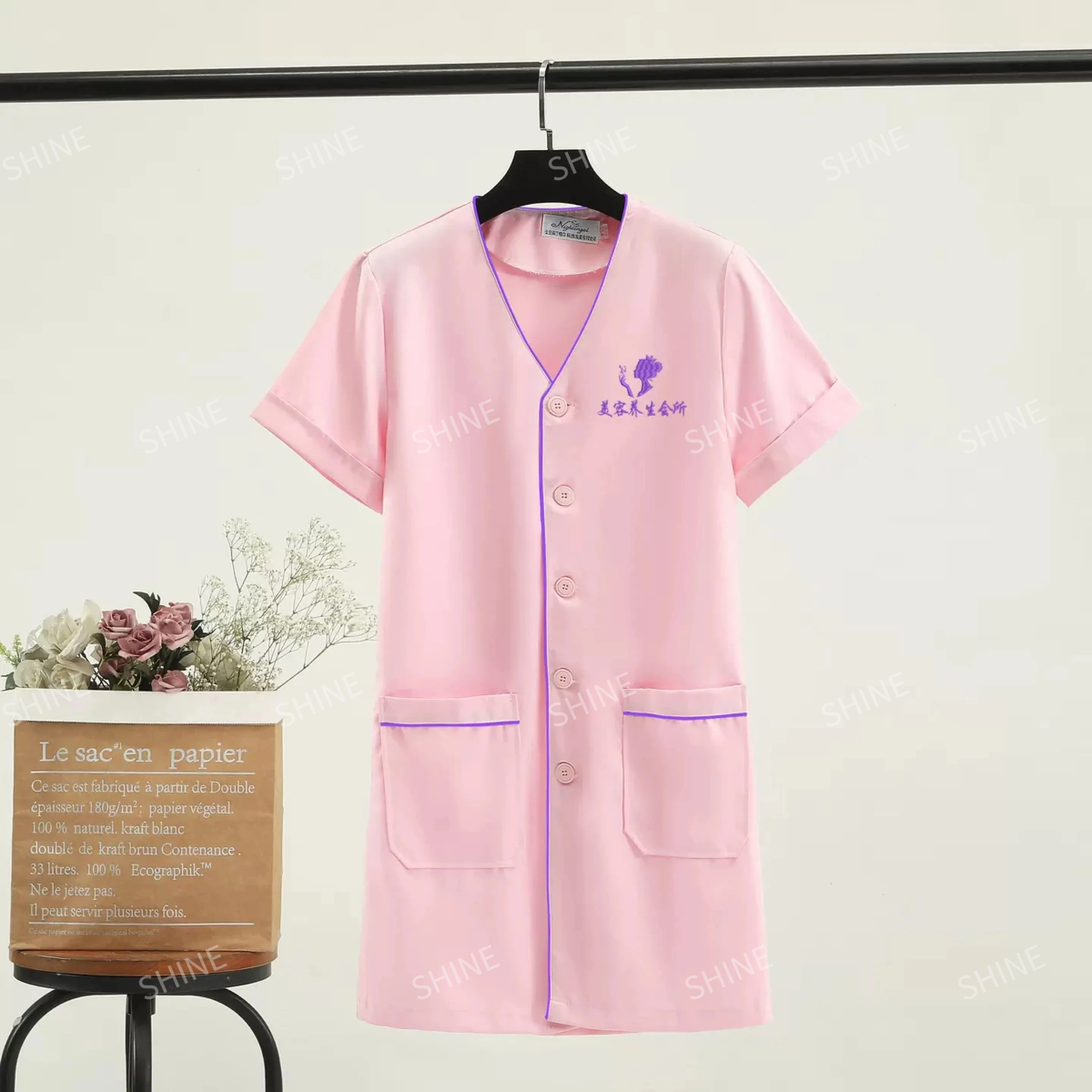 Black Short Beautician Tops Beauty Uniform Dress Spa Uniform Scrub White Plus Size Salon Grooming Clothes Lab Coat Logo women blouse shirt