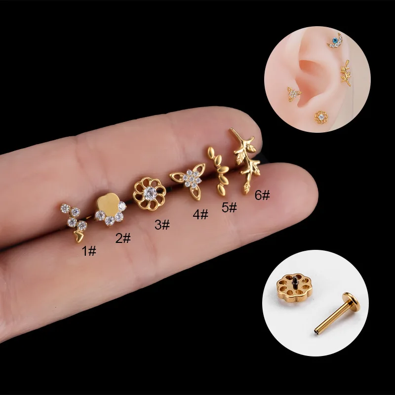 F136 Titanium Piercing Internal Thread Labret Stud Leaf Flower Zircon Lip Stud Earring Helix