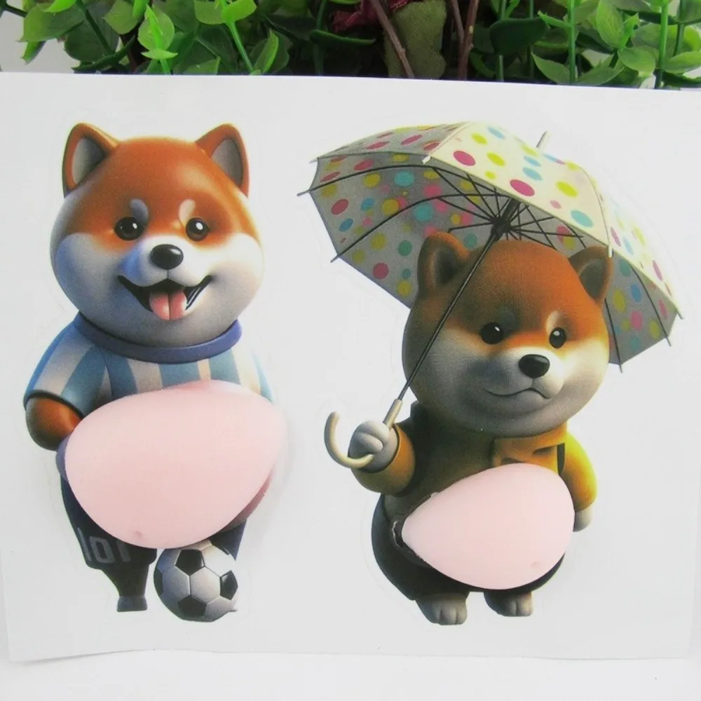 통통한 시바 이누 3D 시바 이누 스티커 강아지 배 스티커 부드러운 핑크 배경 3D 스티커 압착 가능한 실리콘 자체 접착식