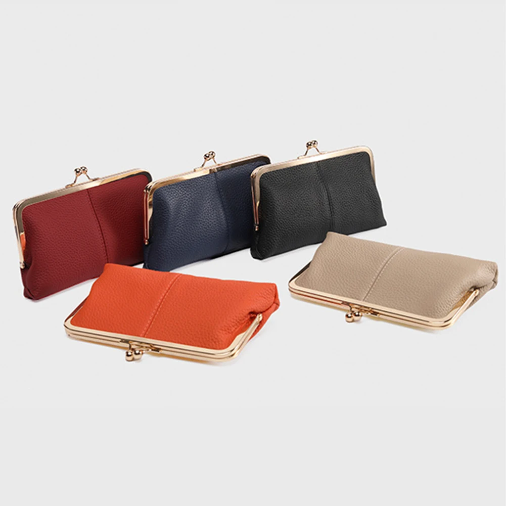 Genuine Leather Women Clutch Purse Fashion Vintage Kiss Lock Wallet Double Clip Travel Wallet Key Card Storage Bag