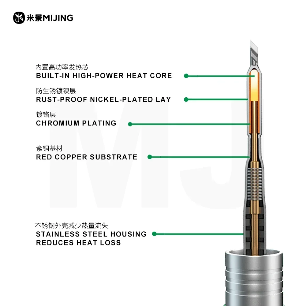 Mijing C210 시리즈 통합 납땜 인두 팁 및 가열 코어 효율적인 열전도 온도 회복 핸드 툴 세트