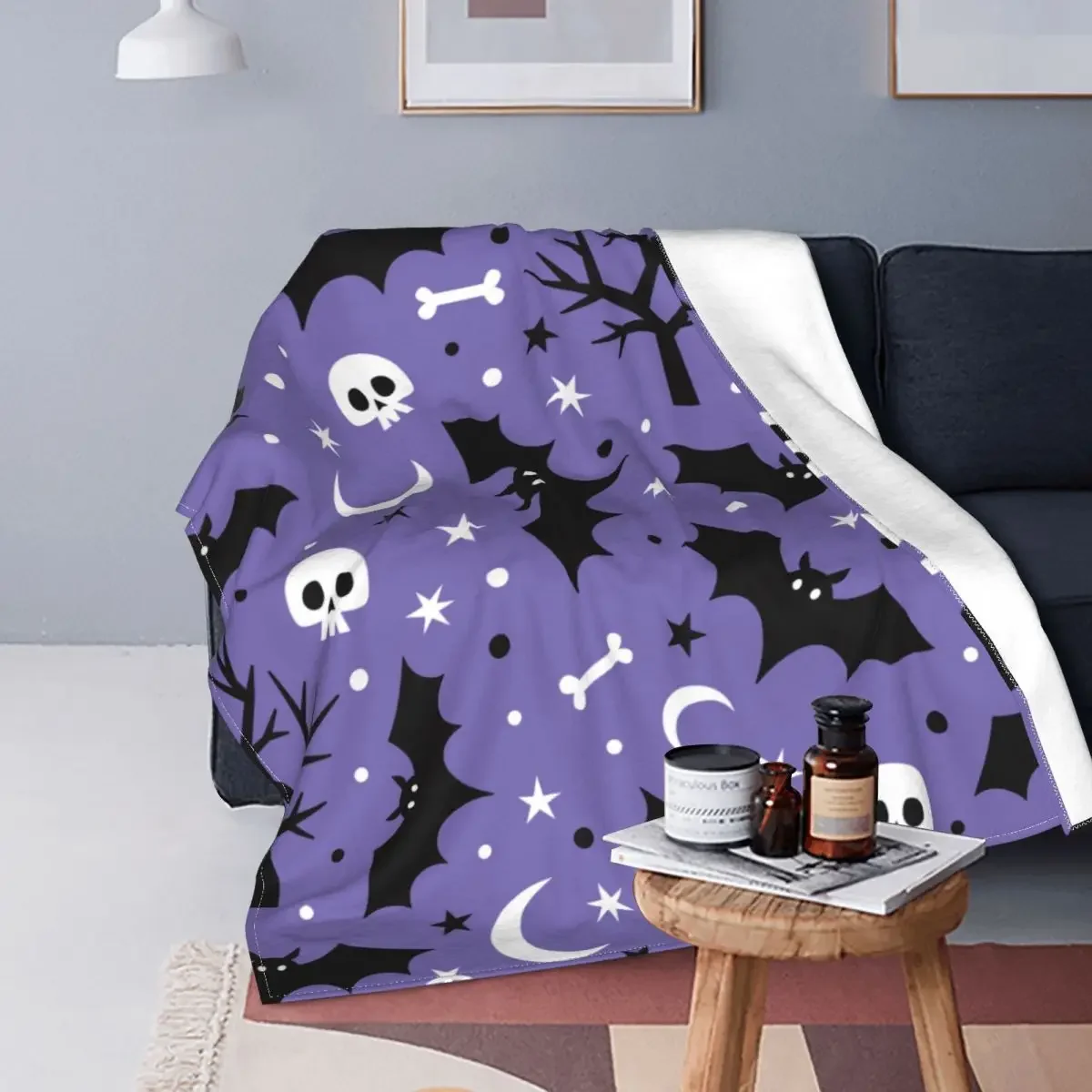 

Bat Moon Skull Tree Fleece Blankets Halloween Party Cartoon Creative Throw Blanket for Bed Sofa Couch 125*100cm Quilt