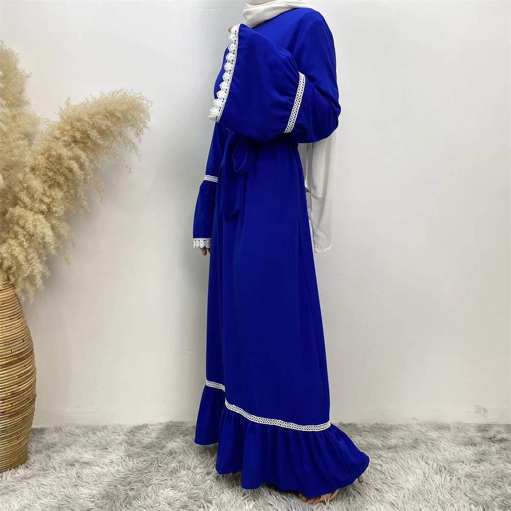 فستان فضفاض للنساء في الشرق الأوسط ، دانتيل أبيض ، أكمام طويلة ، نمط سحاب ، شائع ، مرقع ساخن ، دبي ، تركي ، إسلامي ، موضة جديدة ، رائج