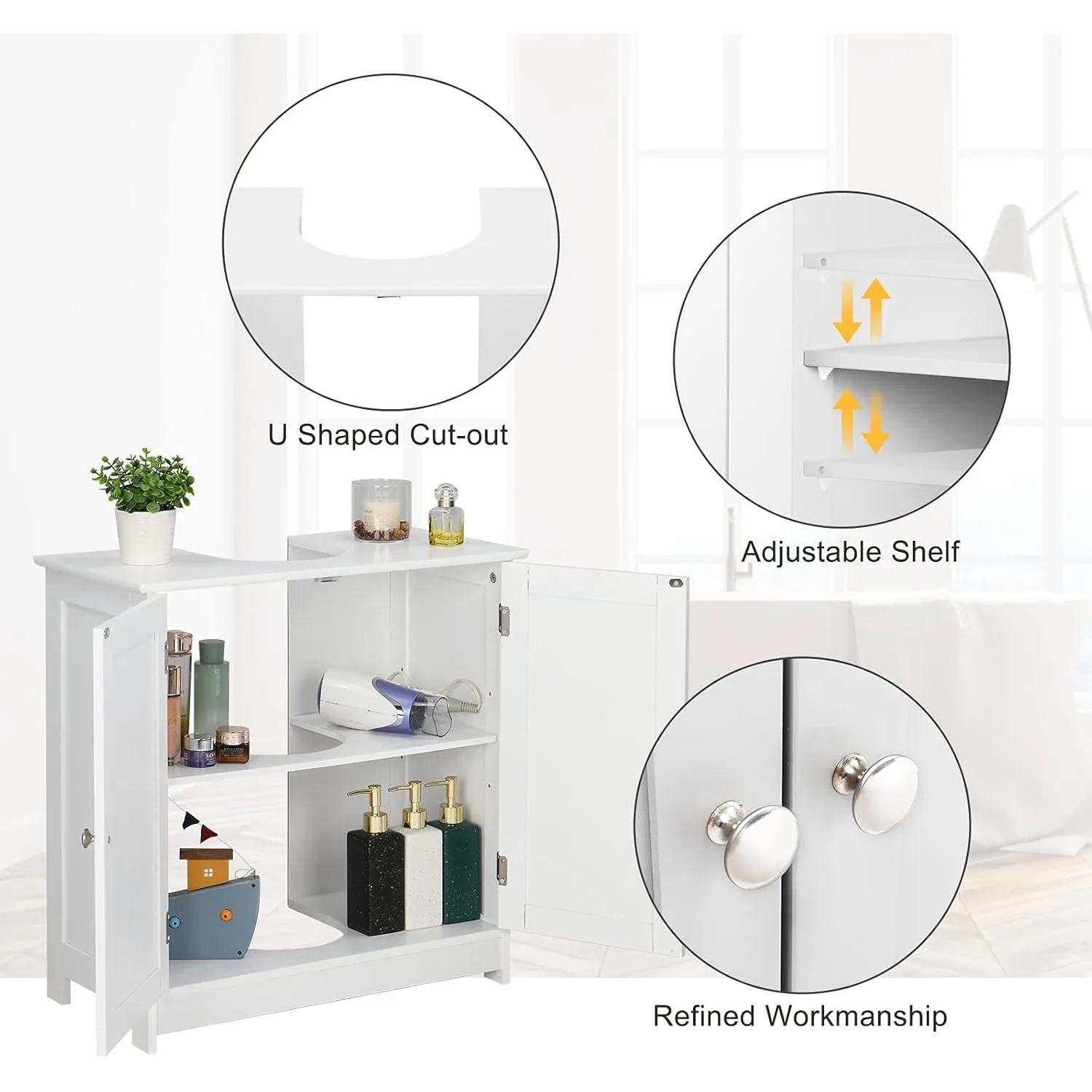 Pedestal Sink Storage Cabinet with 2Doors Traditional Under Sink Cabinet with Adjustable Shelf 3 5/8" W x 11 7/16" D x 23 5/8" H 6