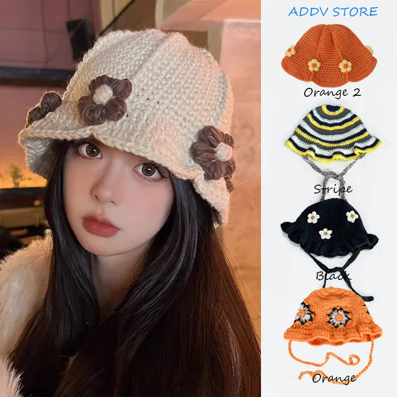 Cute Flowers for Parents and Children To Keep Warm Bucket Hats New Women's Handmade Woolen Crochet Hat in Winter