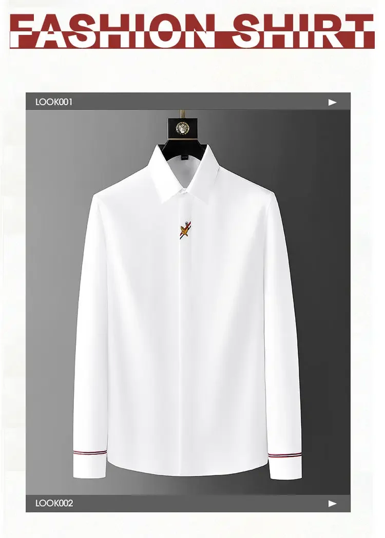 Business Casual Anti-wrinkle Slim Fit Mens Shirts，Single-Breasted Turn-Down Collar Shirts，Creative Embroidery Bird Pattern Top
