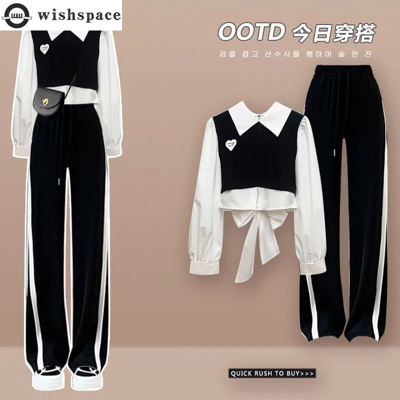 Spring and Autumn Set Women's 2023 New Korean Edition Design Fake Two Piece Top Casual Pants Two Piece Set Fashion design round square buckle elastic braided belts women boho fake straw weave wide belt casual summer girls waistband accessories