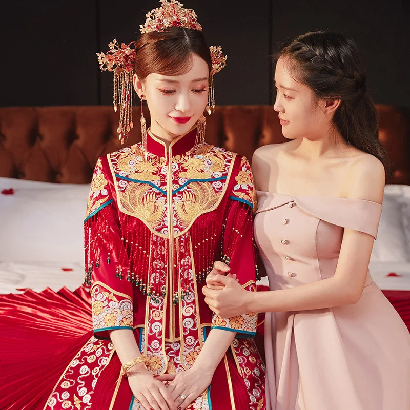 

Винтажный вышитый Феникс Китайский традиционный свадебный костюм Чонсам с кисточками для невесты платье Ципао