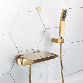 ชุดก๊อกอ่างอาบน้ำและฝักบัวสีทองของ tuqiu ติดผนังก๊อกอ่างอาบน้ำสีดำผสมฝักบัวก๊อกน้ำในห้องน้ำก๊อกน้ำทองเหลือง 1