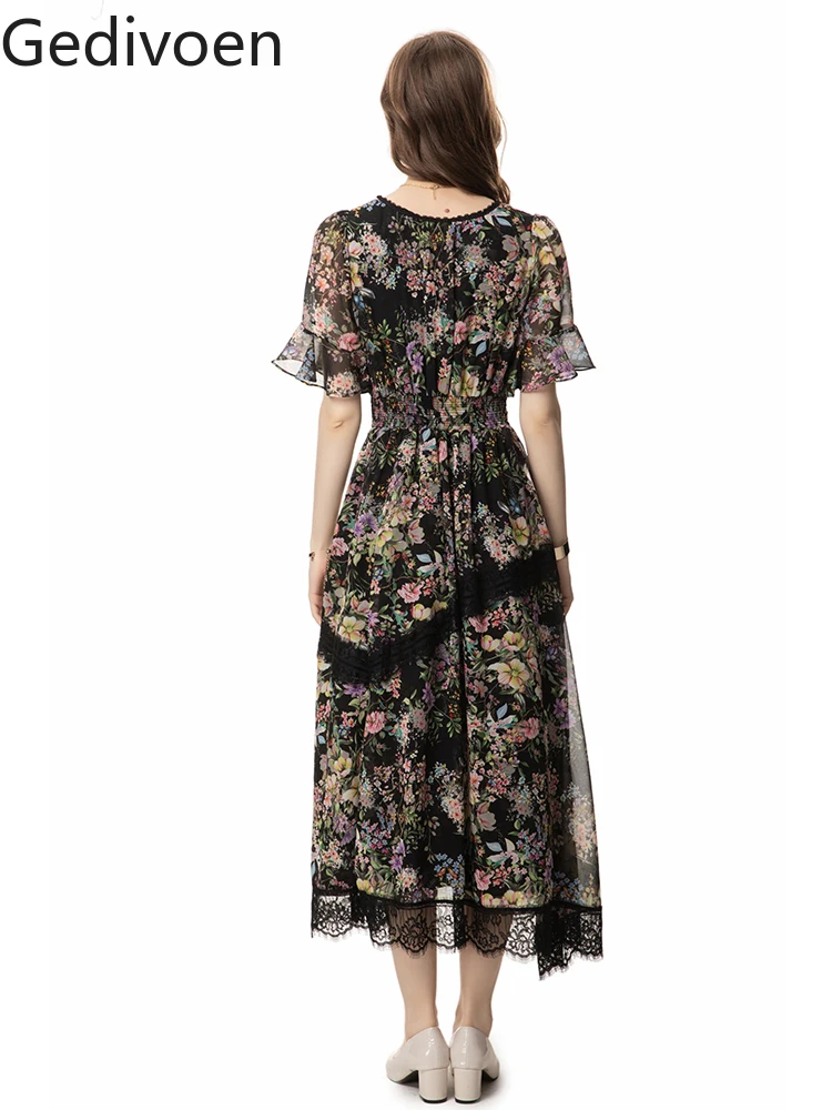 

Платье Gedivoen женское с V-образным вырезом, модное дизайнерское элегантное офисное платье-трапеция до щиколотки, с кружевным принтом, с завышенной талией, на лето