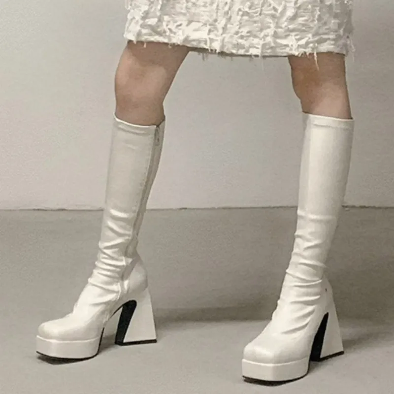 

Женские высокие сапоги Челси, черные сапоги до колена на массивном высоком каблуке, с квадратным носком, мотоциклетная обувь для зимы, 2023