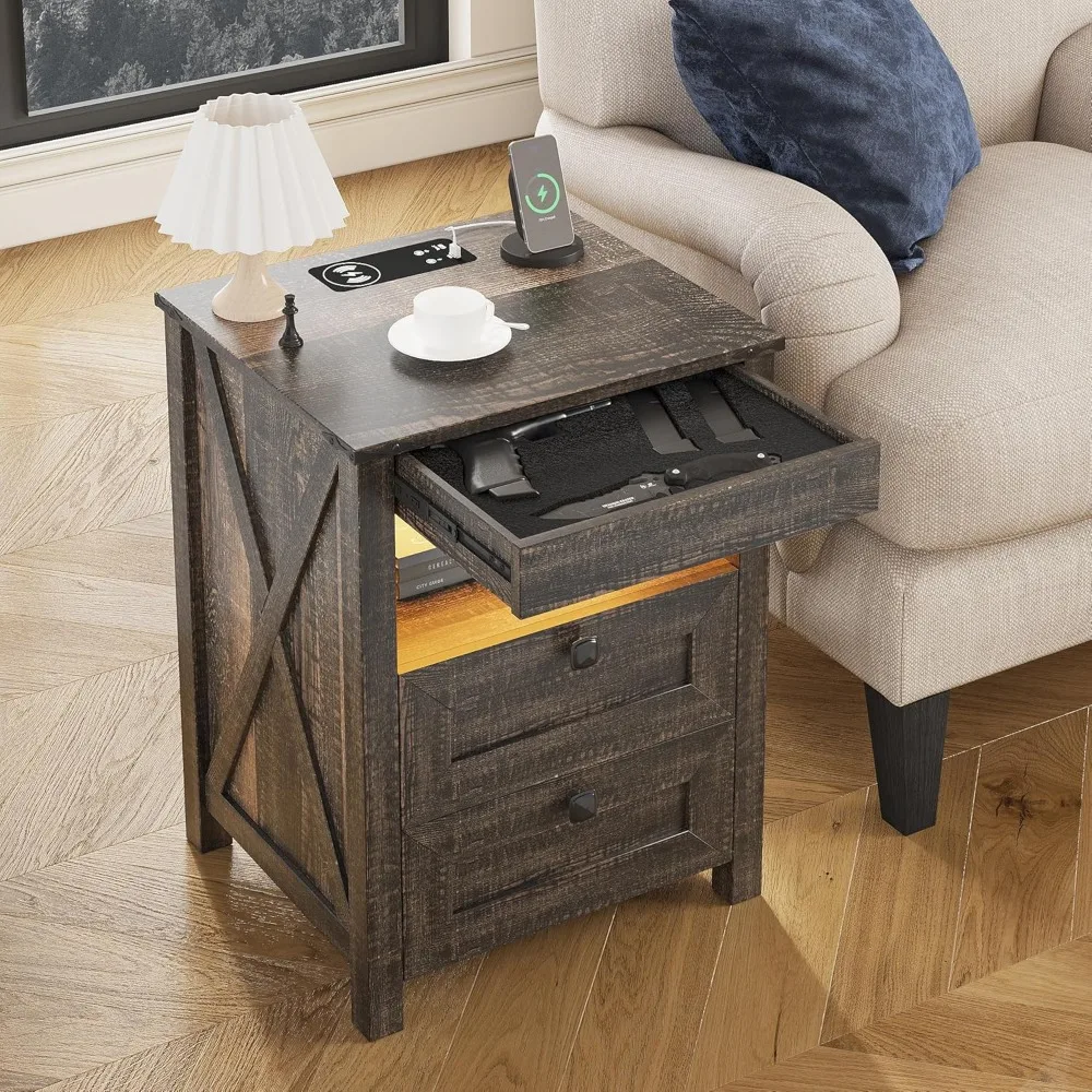 LED Nightstand with Gun Storage Drawer and Hidden Lock, Modern Sensor-Activated Bedside Table with Rustic Style
