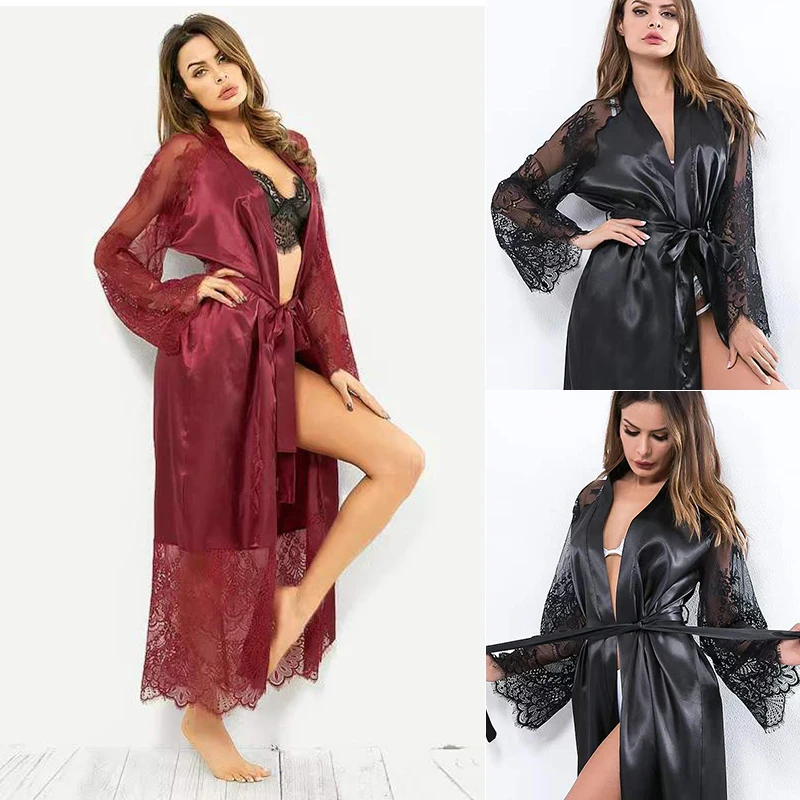 Fashion Sexy Pajama Women Bathrobe Lace Lingerie Milk Silk Top Comfortable Ladies V Long-Sleeve Nightdress Sleepwear women sleepwear sleepwear pajamas