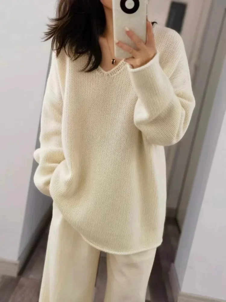 Cashmere sweater Women's V-neck drop shoulder loose Pure Wool cashmere sweater women sweater