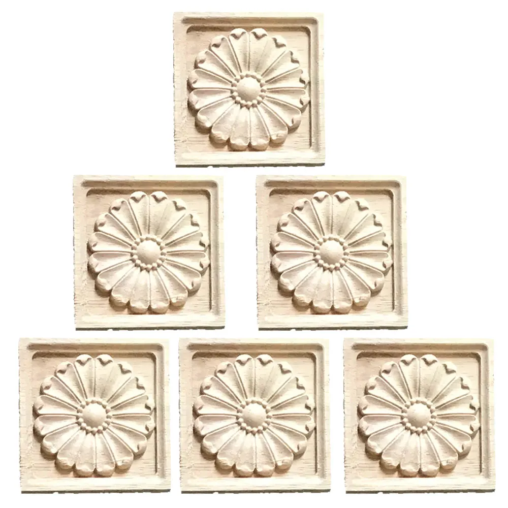 

6PCS Flower Wood Carving Natural Wood Appliques for DIY Furniture Cabinet Unpainted Wooden Mouldings Decal Decorative Figurines