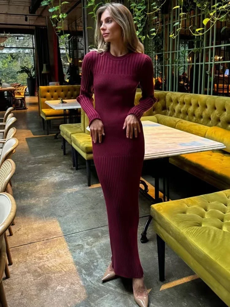 Wmstar Dress Women Wholesale Long Sleeved Autumn Winter Sweater for Knitted Round Neck Striped Solid Color Tight One Piece 2025