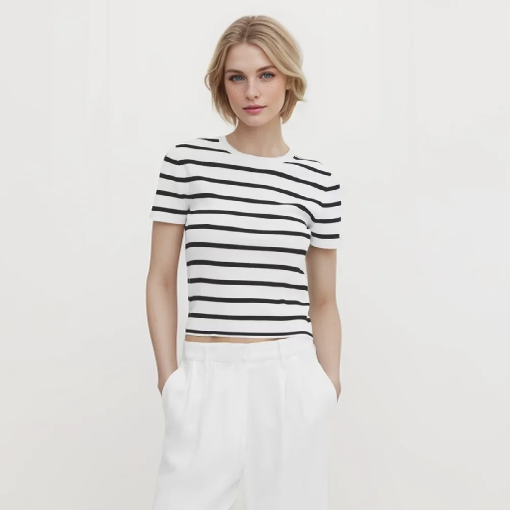 

Cos Lris women's 2024 summer new casual commuting college style French black and white striped short-sleeved knitted T-shirt