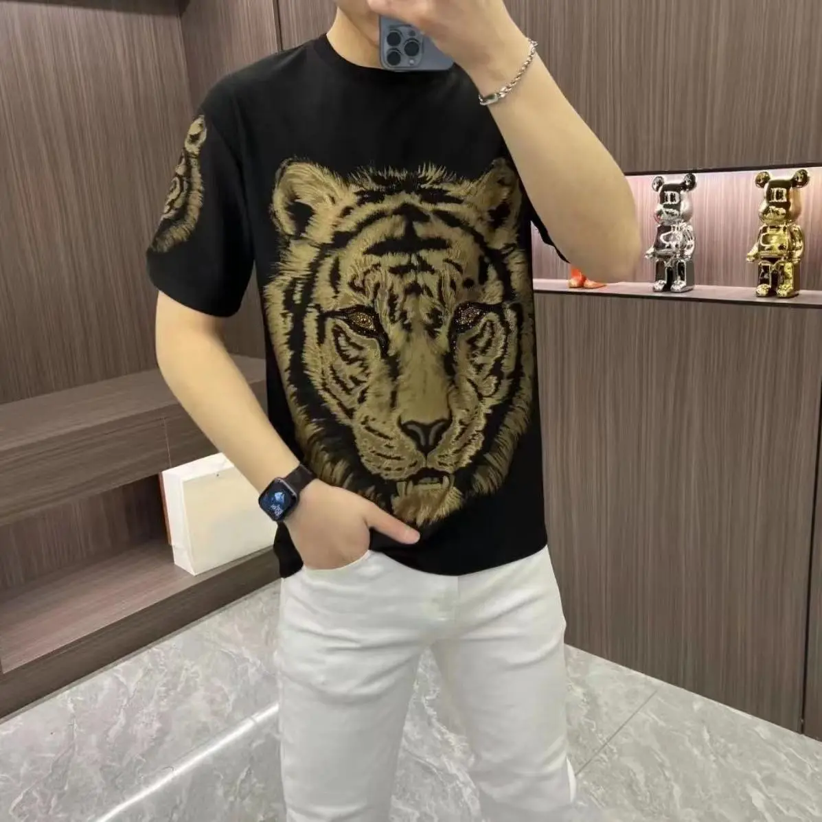 New Men Luxury Diamond Tiger Rhinestones Fashion Black T-Shirt