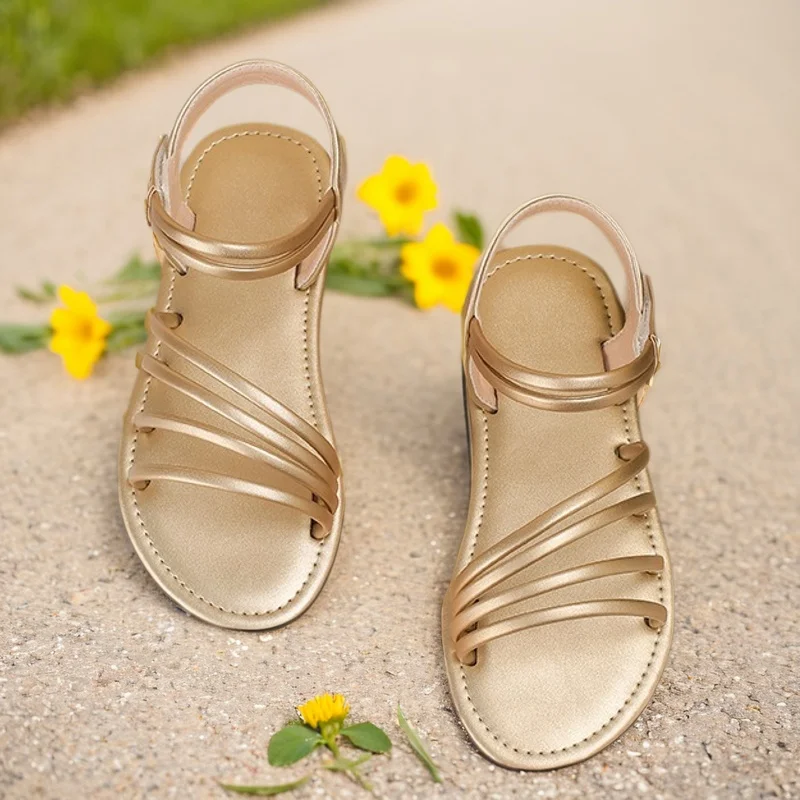 Students Golden Sandals 2025 Girls Romanesque Hollowed Out Breathable Children's Sandals Soft Soled Atmospheric Girls' Sandals 3