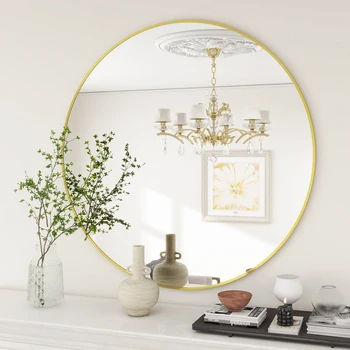 27'' Round Wall Mounted Mirror, Wall Decor Mirrors, Bathroom Bedroom Living Room Glass Vanity Mirror, Black/Golden 1