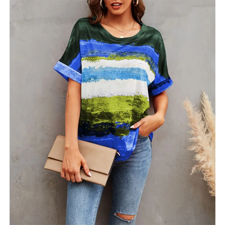 Summer New Casual Top Tie-Dye Striped Loose Short-Sleeved Round Neck Shirt Fashion Plus Size Pullover T-Shirt 2022 Streetwear cheap t shirts