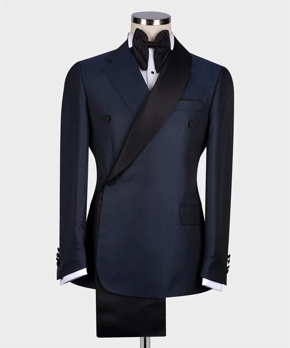 

Double Breasted Black Collar Navy Blue Autumn Groom Tuxedo for Wedding Blazer Pants Formal Business Wear Trajes de hombre