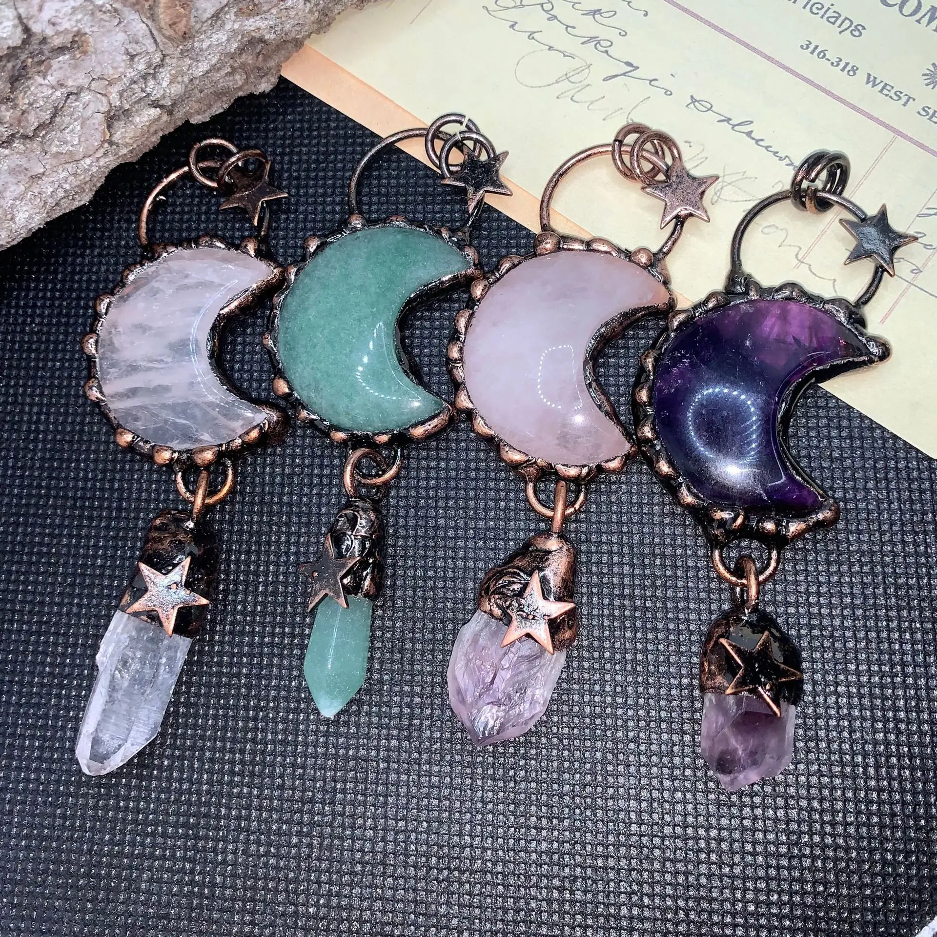 Natural Stone Antique Bronze Pendant Healing Crystal Amethysts Moon Star Vintage Charms for Necklace DIY Jewelry Accessories