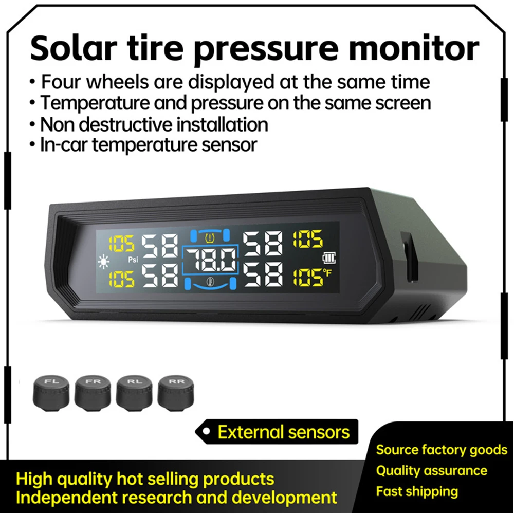 Car Tire Pressure Monitor With 4 External Sensors Solar TPMS Car Tire Pressure Alarm Digital Colorful Display Waterproof