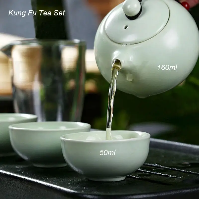 BORREY Portable Travel Tea Set Ceramic Teapot Cup With Bamboo Tea Tray Towel Clip Chinese Kung Fu Set Puer Oolong Teapot