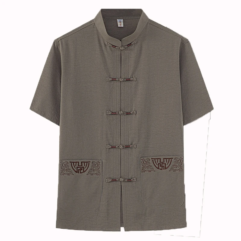 Cotton and Linen (Top + Pants) Elderly Men Gold Silk Pan Buckle Pocket Embroidered Tang Dress Han Dress Lay Tai Chi Suit Set