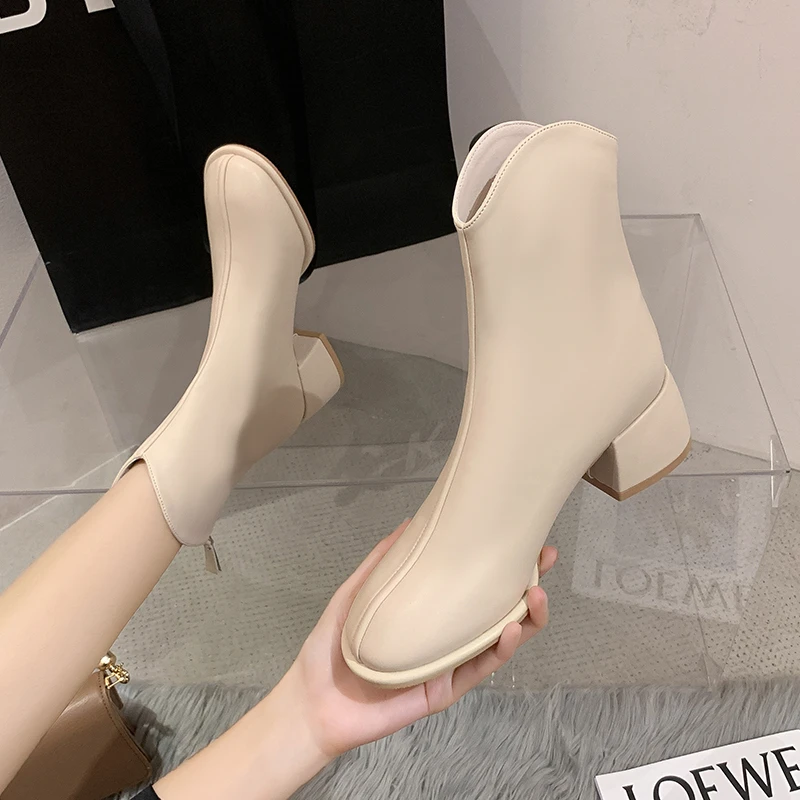 LazySeal Concise Stretch Boots Zipper Square Heel Ankle Boots For Women Ladies Shoes Plus Size 43 Elastic Leather Modern Boot