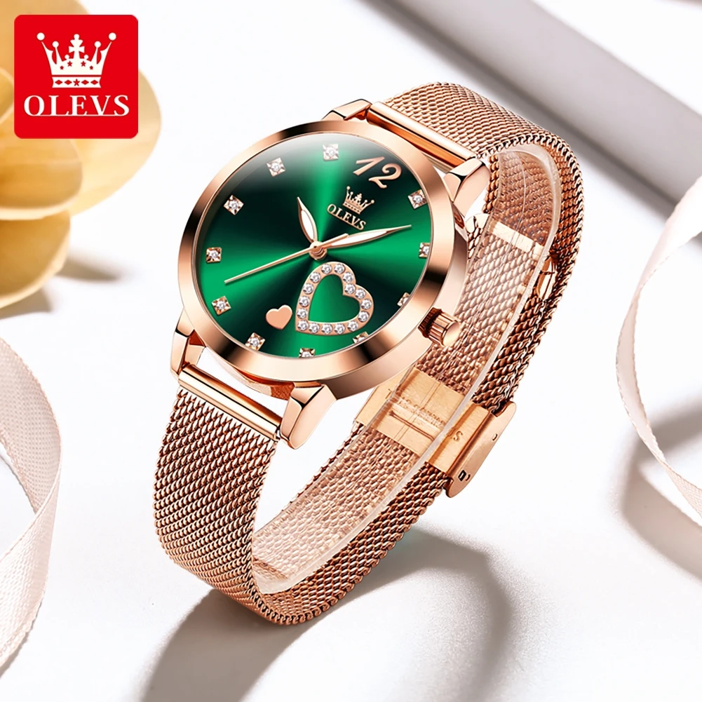 OLEVS Womens Watches Top Brand Luxury Fashion Green Dial Quartz Watch Stainless Steel Waterproof Ladies Wrist Watch Montre Femme